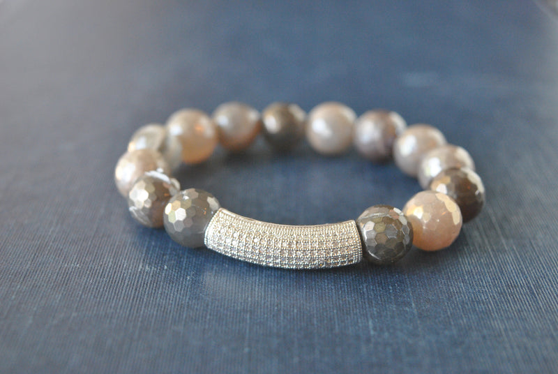 GARK GREY AND BURGUNDY MOONSTONES WITH SILVER RHINESTONES STRETCHY BRACELETS