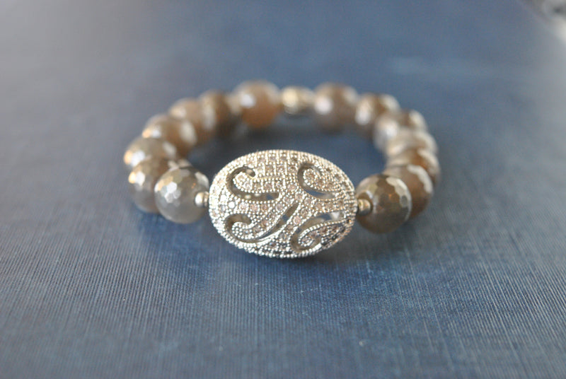 GARK GREY AND BURGUNDY MOONSTONES WITH SILVER RHINESTONES STRETCHY BRACELETS