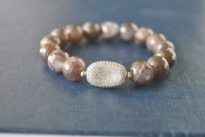 GARK GREY AND BURGUNDY MOONSTONES WITH SILVER RHINESTONES STRETCHY BRACELETS