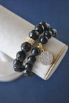BLACK ONYX AND DRUZY CHARM ON GOLD STRETCHY BRACELET SET