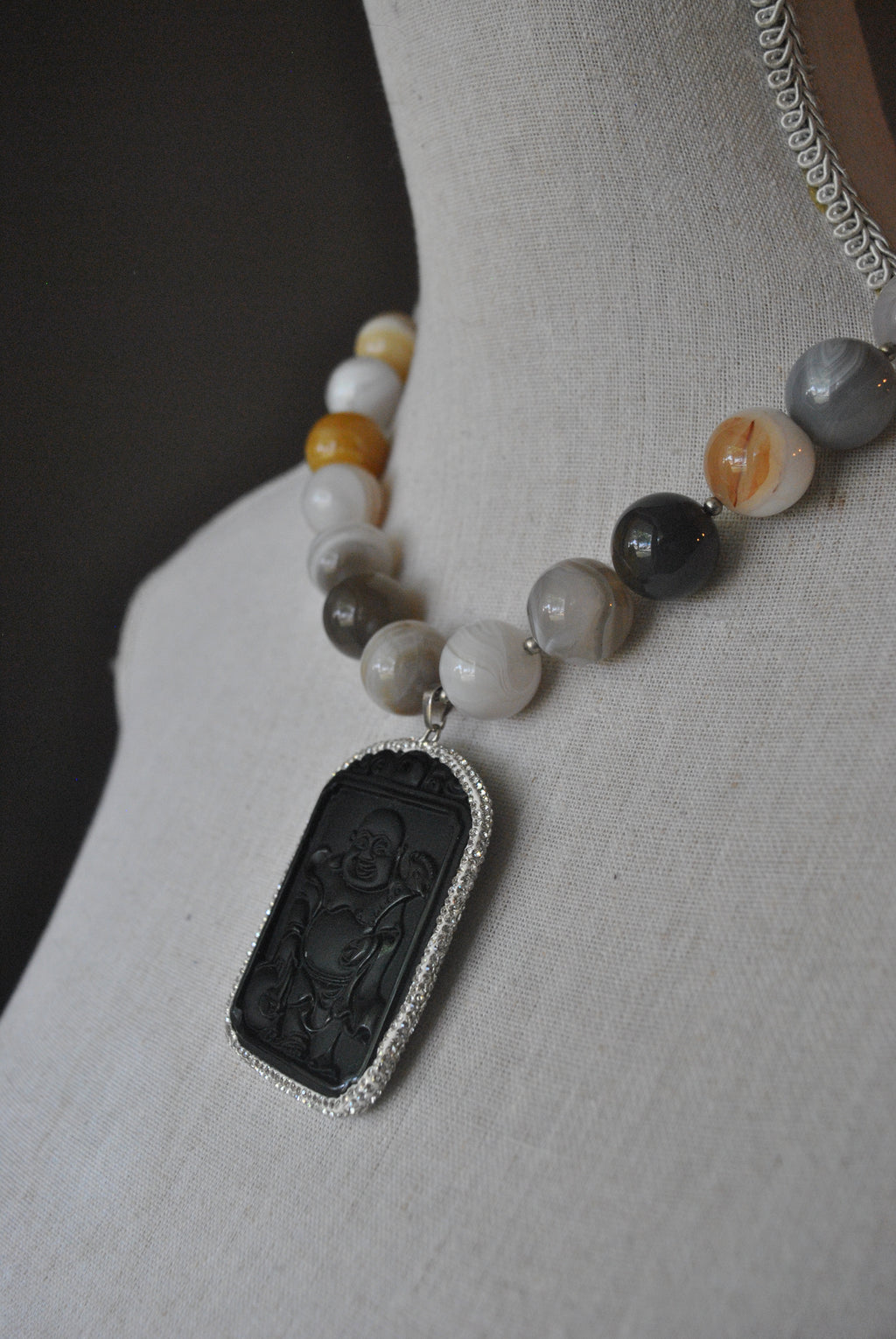 GREY AGATE STATEMENT NECKLACE WITH CARVED BUDDHA PENDANT