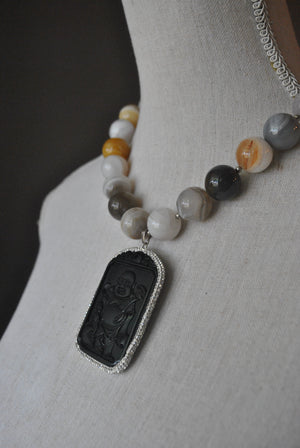 GREY AGATE STATEMENT NECKLACE WITH CARVED BUDDHA PENDANT