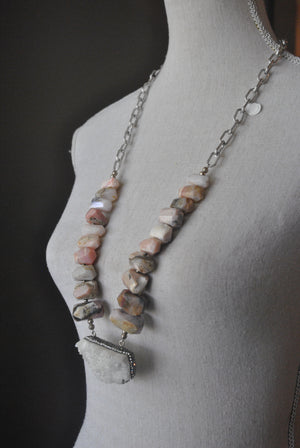 PINK PERUVIAN OPAL AND DRUZY PENDANT STATEMENT LONG NECKLACE