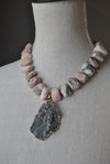 PINK PERUVIAN FREEFORM AND SILVER DRUZY PENDANT STATEMENT NECKLACE