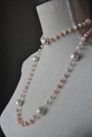 PINK PERUVIAN OPAL AND FRESHWATER PEARLS LONG NECKLACE