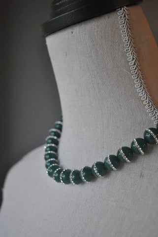 AMAZONITE AND WHITE MOTHER OF PEARLS ON GUNMETAL FINISH LONG KASHMERE NECKLACE