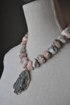 PINK PERUVIAN FREEFORM AND SILVER DRUZY PENDANT STATEMENT NECKLACE
