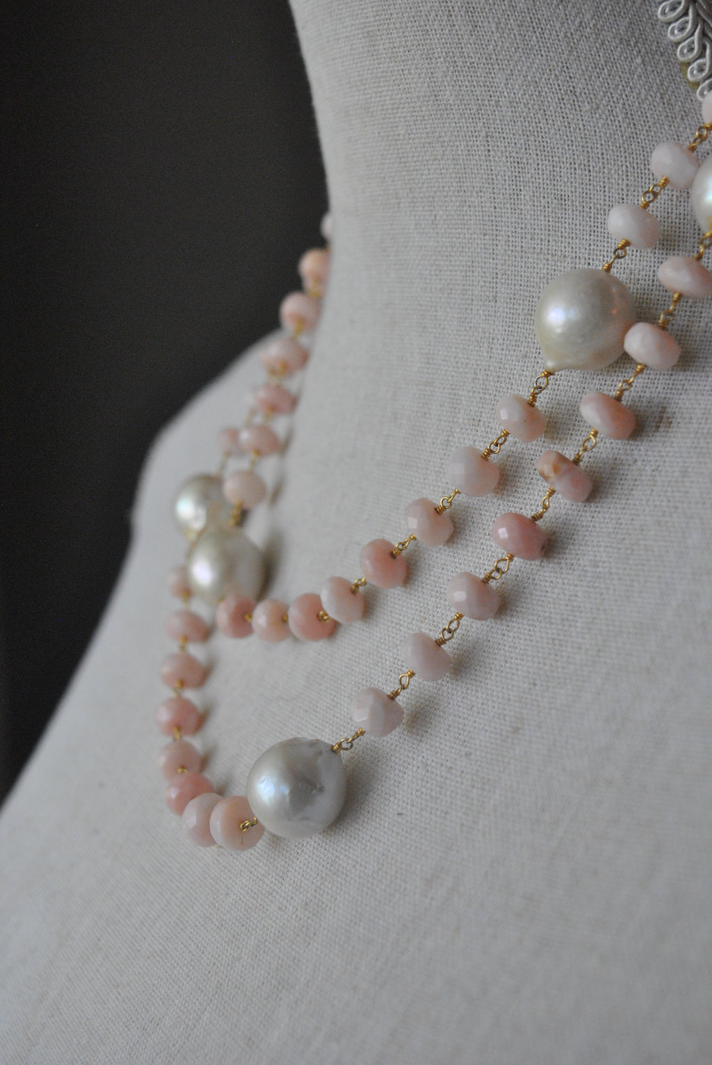 PINK PERUVIAN OPAL AND FRESHWATER PEARLS LONG NECKLACE