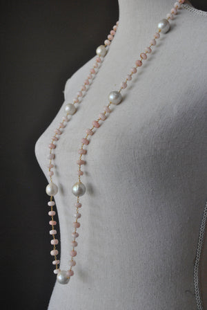 PINK PERUVIAN OPAL AND FRESHWATER PEARLS LONG NECKLACE