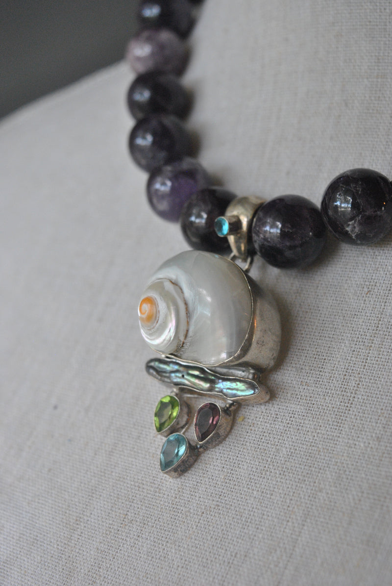 AMETHYST STATEMENT NECKLACE WITH SHELL PEARL AND AQUAMARINE PENDANT