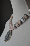PINK PERUVIAN FREEFORM AND SILVER DRUZY PENDANT STATEMENT NECKLACE