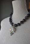 AMETHYST STATEMENT NECKLACE WITH SHELL PEARL AND AQUAMARINE PENDANT