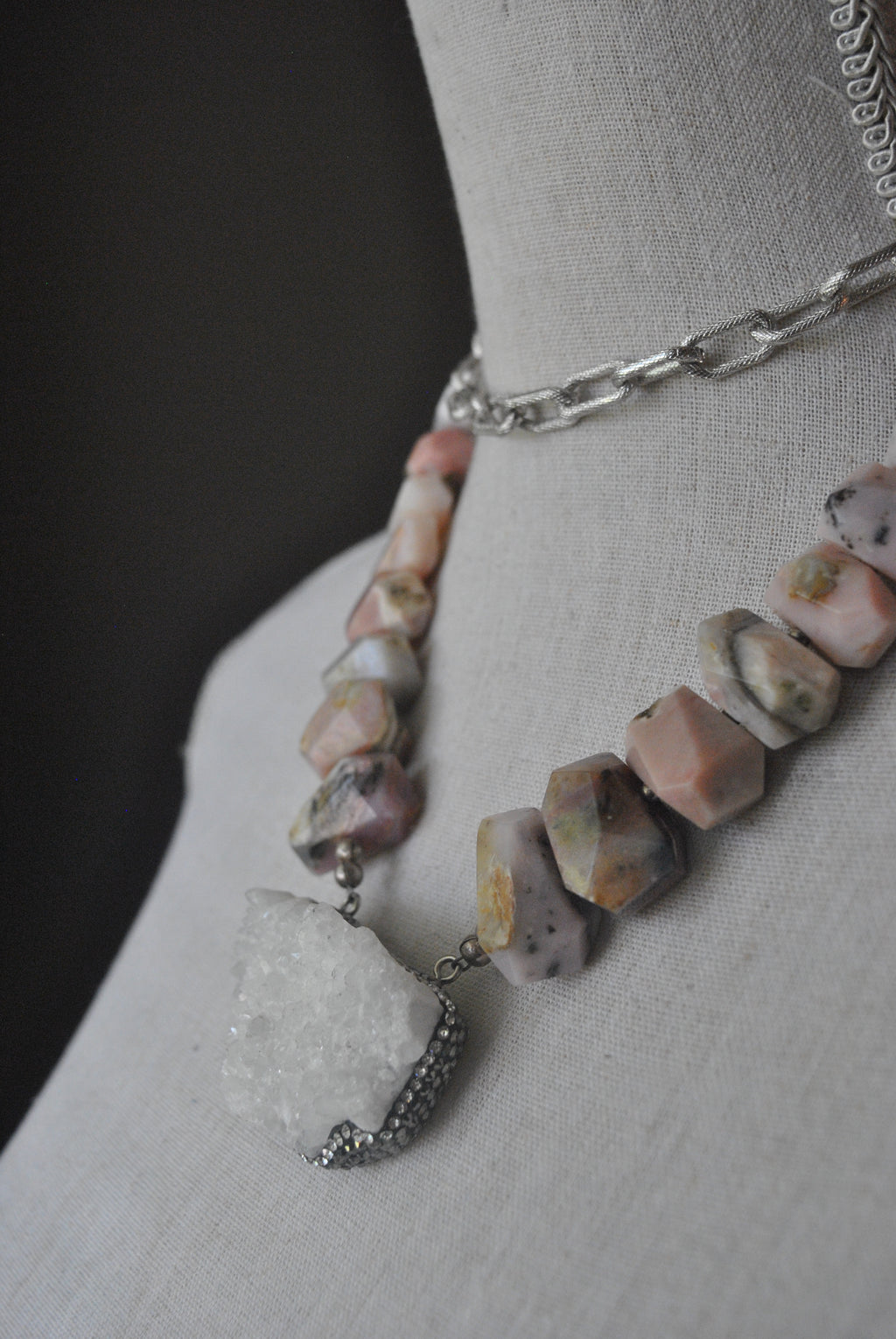 PINK PERUVIAN OPAL AND DRUZY PENDANT STATEMENT LONG NECKLACE
