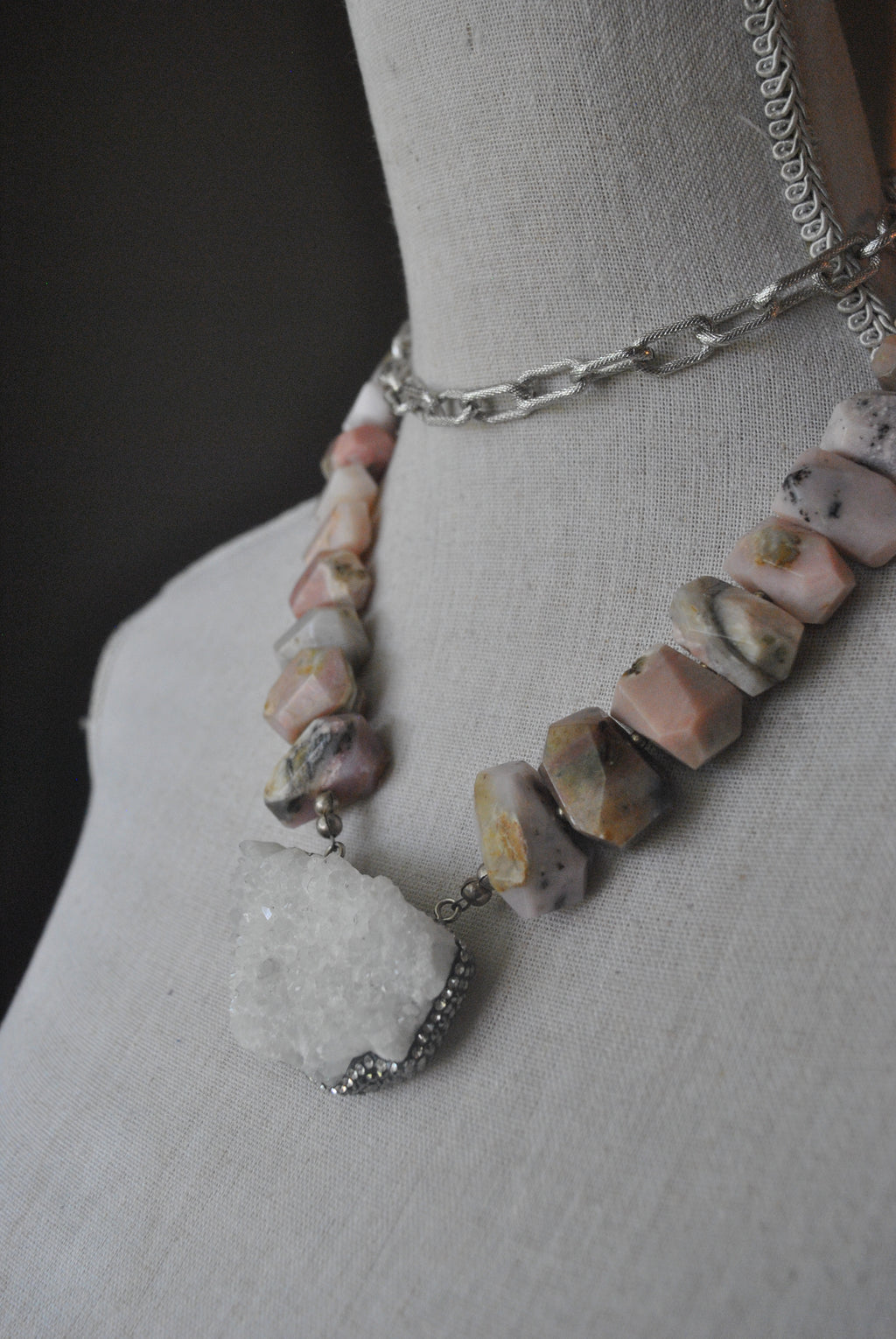 PINK PERUVIAN OPAL AND DRUZY PENDANT STATEMENT LONG NECKLACE