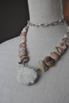 PINK PERUVIAN OPAL AND DRUZY PENDANT STATEMENT LONG NECKLACE