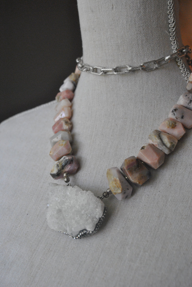 PINK PERUVIAN OPAL AND DRUZY PENDANT STATEMENT LONG NECKLACE