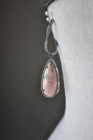 PINK PERUVIAN OPAL AND GUNMETAL FINISH RHINESTONES HOOPS EARRINGS