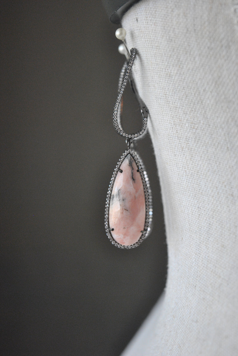 PINK PERUVIAN OPAL AND GUNMETAL FINISH RHINESTONES HOOPS EARRINGS