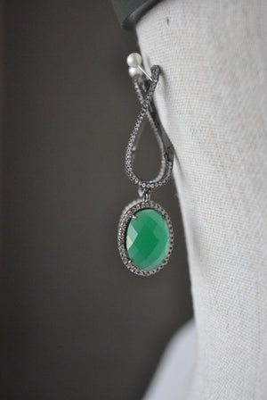 GREEN ONYX EARRIGNS WITH GUNMETAL FINISH RHINESTONES