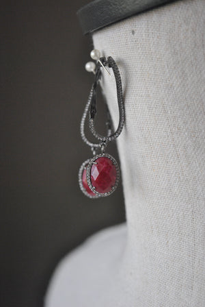 RUBY EARRINGS WITH GUNMETAL FINISH RHINESTONES