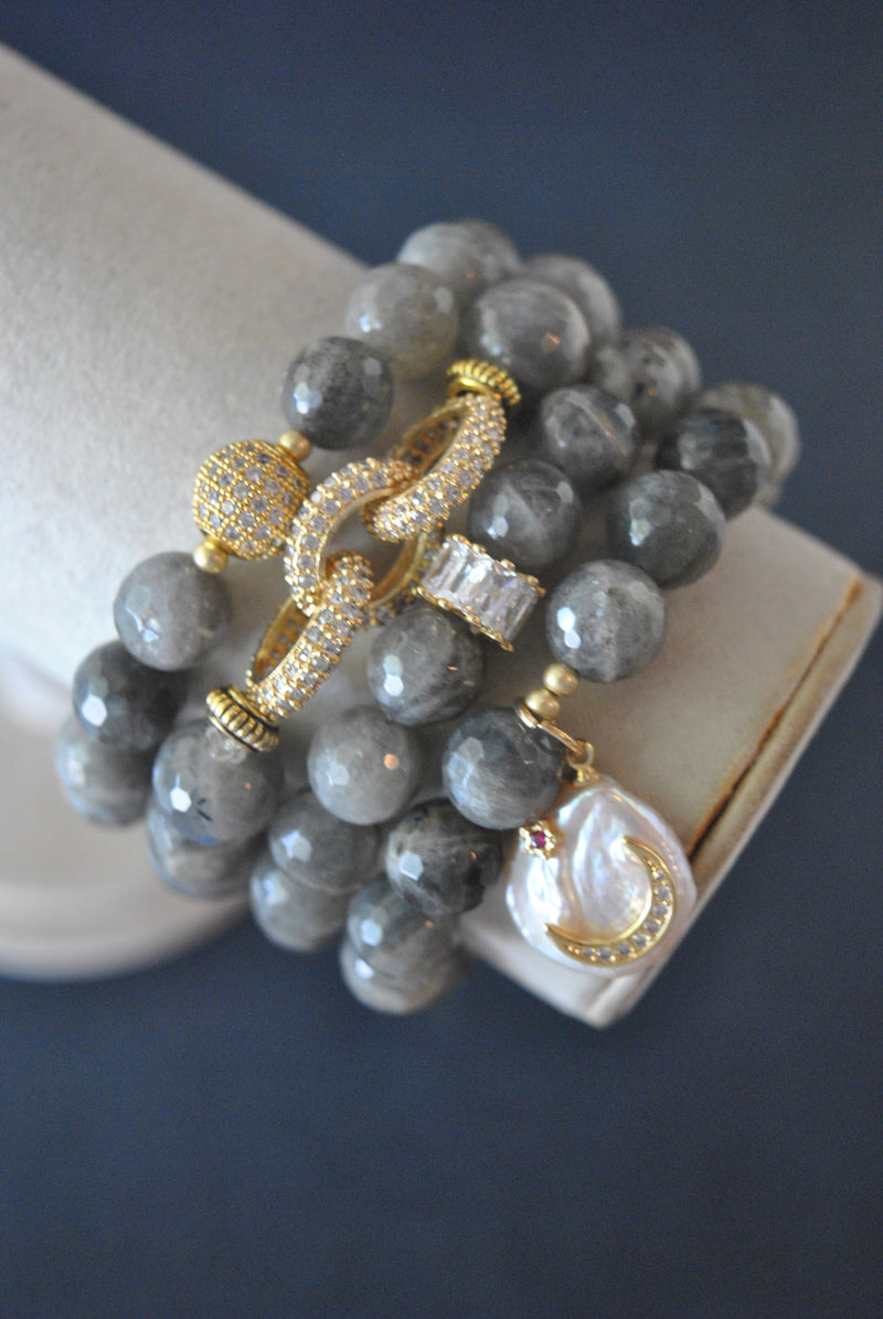 LABRADORITE WITH GOLD DETAILS STRETCHY BRACELETS