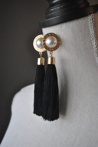 FASHION COLLECTION - BLACK TASSEL GOLD STATEMENT EARRINGS