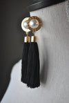 FASHION COLLECTION - BLACK TASSEL AND A PEARL LONG EARRINGS
