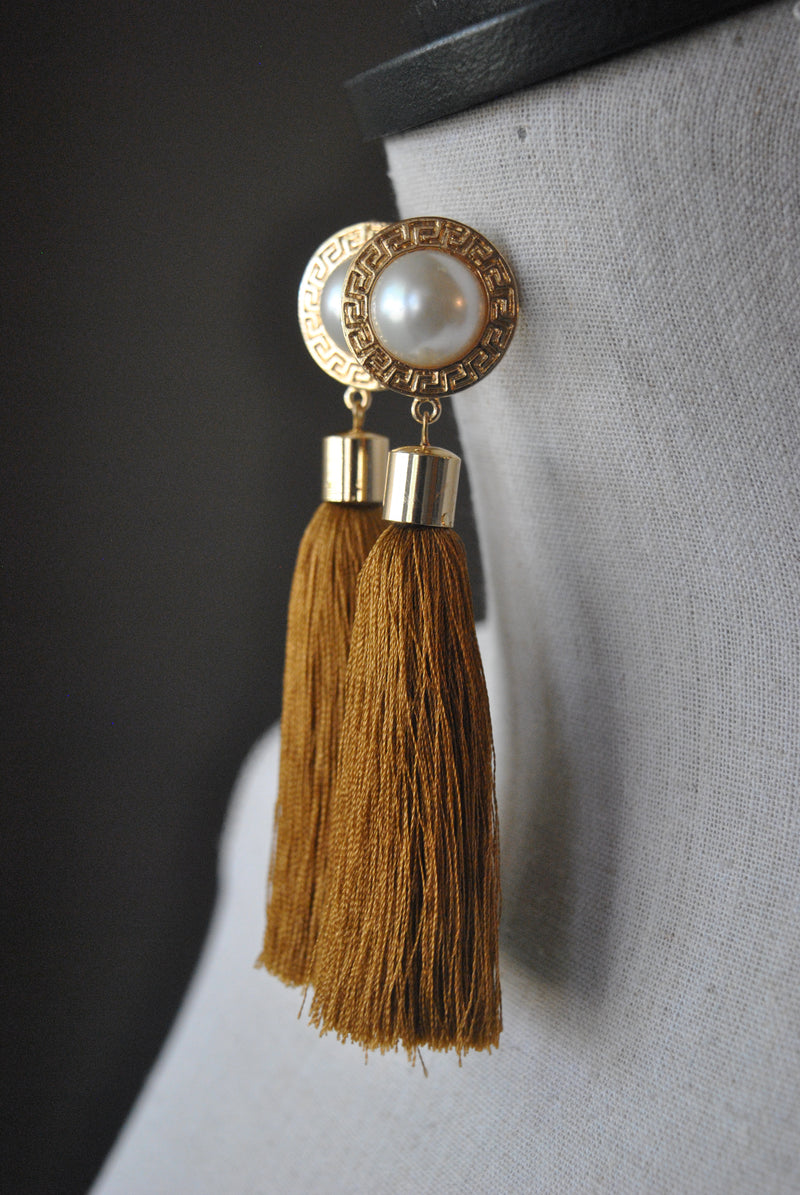 FASHION COLLECTION - BROWN TASSEL LONG STATEMENT EARRINGS