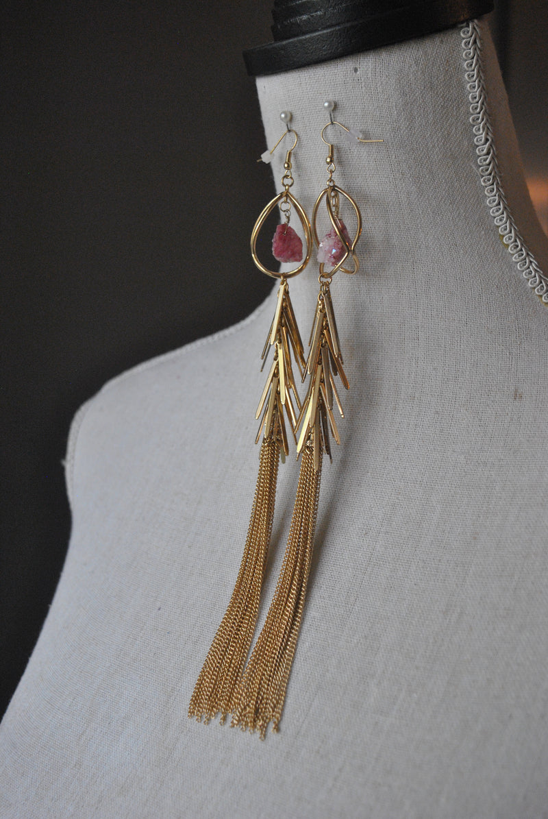 FASHION COLLECTION - PINK DRUZY GOLD FINISH LONG STATEMENT EARRINGS