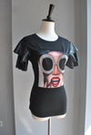 GRAPHIC BLACK TOP WUTH FAUX LEATHER SLEEVES