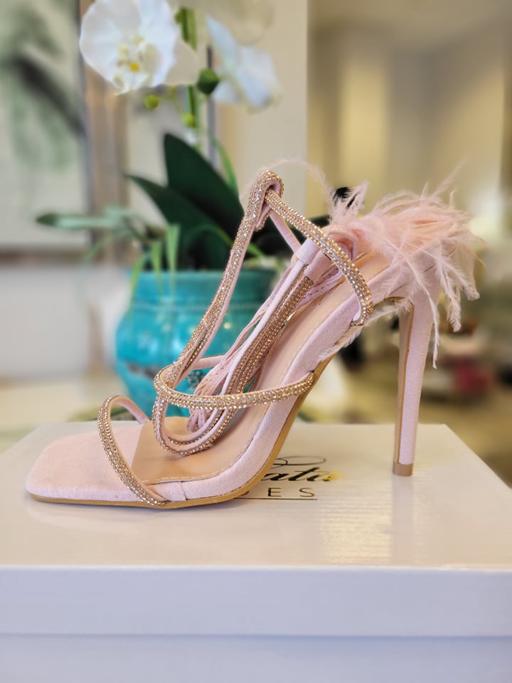 BLUSH PINK SUEDE ANKLE WRAP HEELS WITH FEATHERS