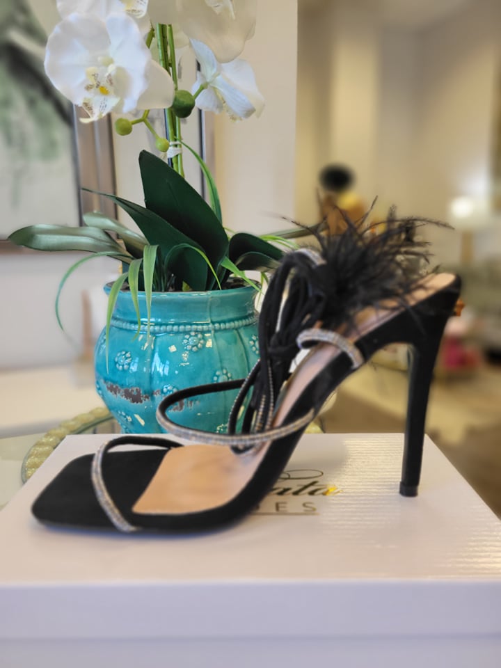 BLACK SANDAL ANKLE WRAP HEELS ITH FEATHERS DETAILS