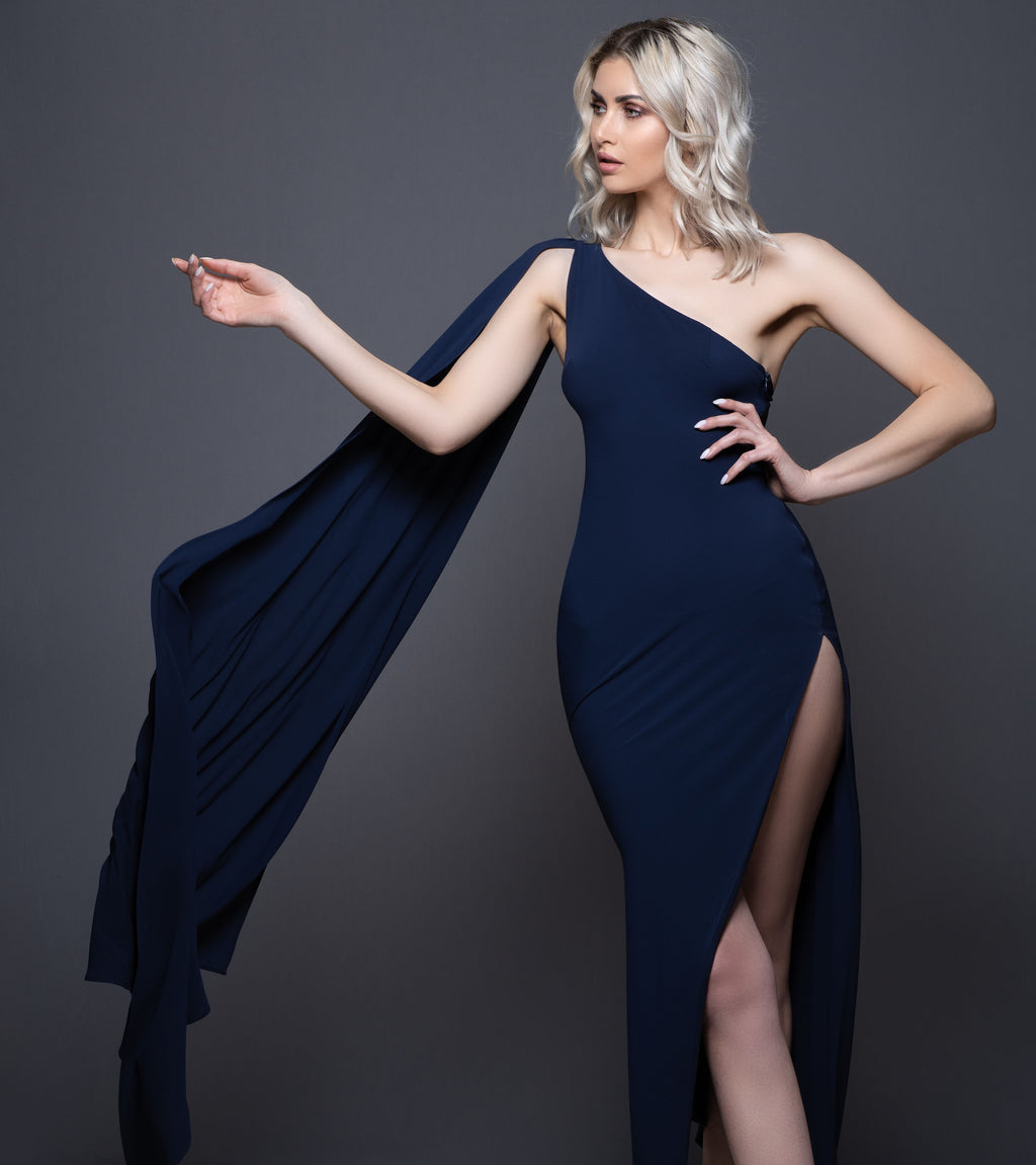 NAVY BLUE ASYMMETRIC DRESS WITH SIDE SLIP