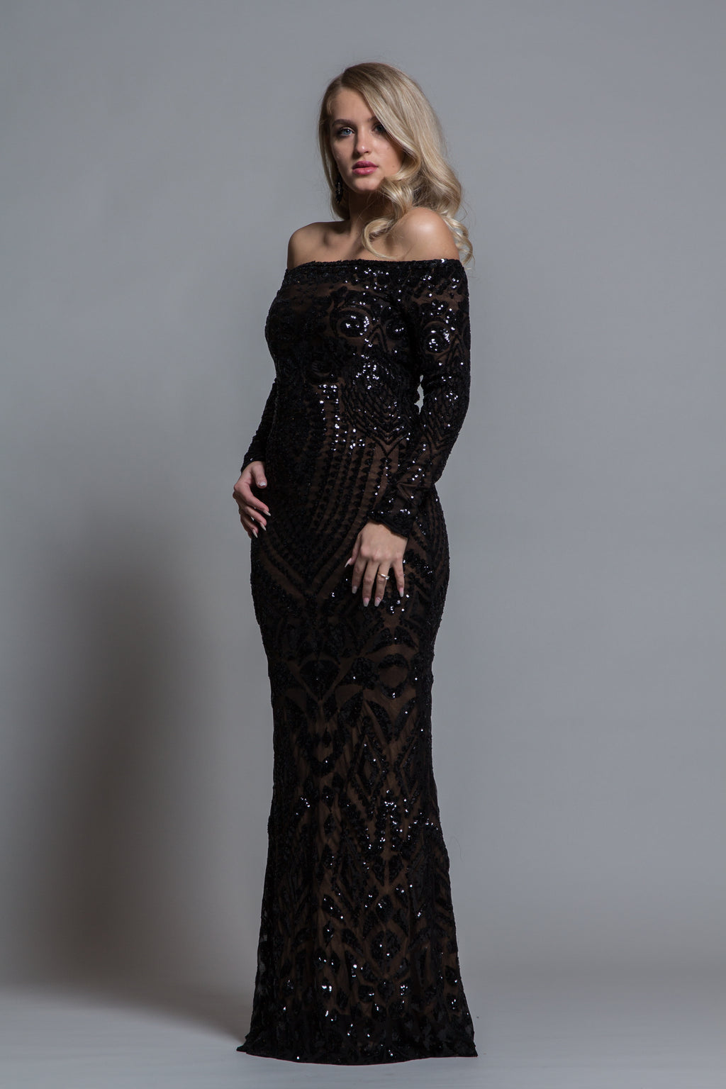 BLACK SEQUINS OFF THE SHOULDER EVENING GOWN