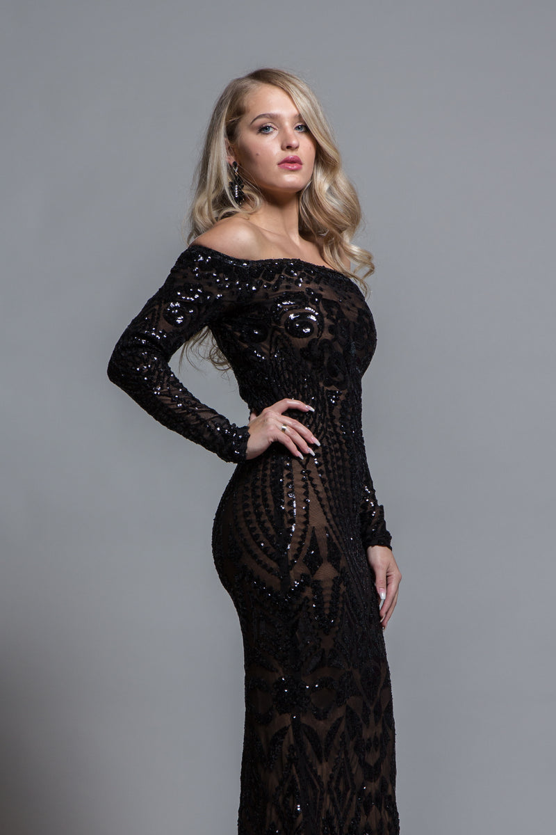 BLACK SEQUINS OFF THE SHOULDER EVENING GOWN