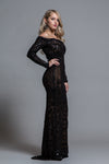 BLACK SEQUINS OFF THE SHOULDER EVENING GOWN