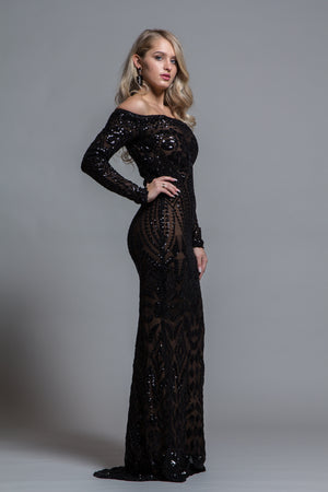BLACK SEQUINS OFF THE SHOULDER EVENING GOWN