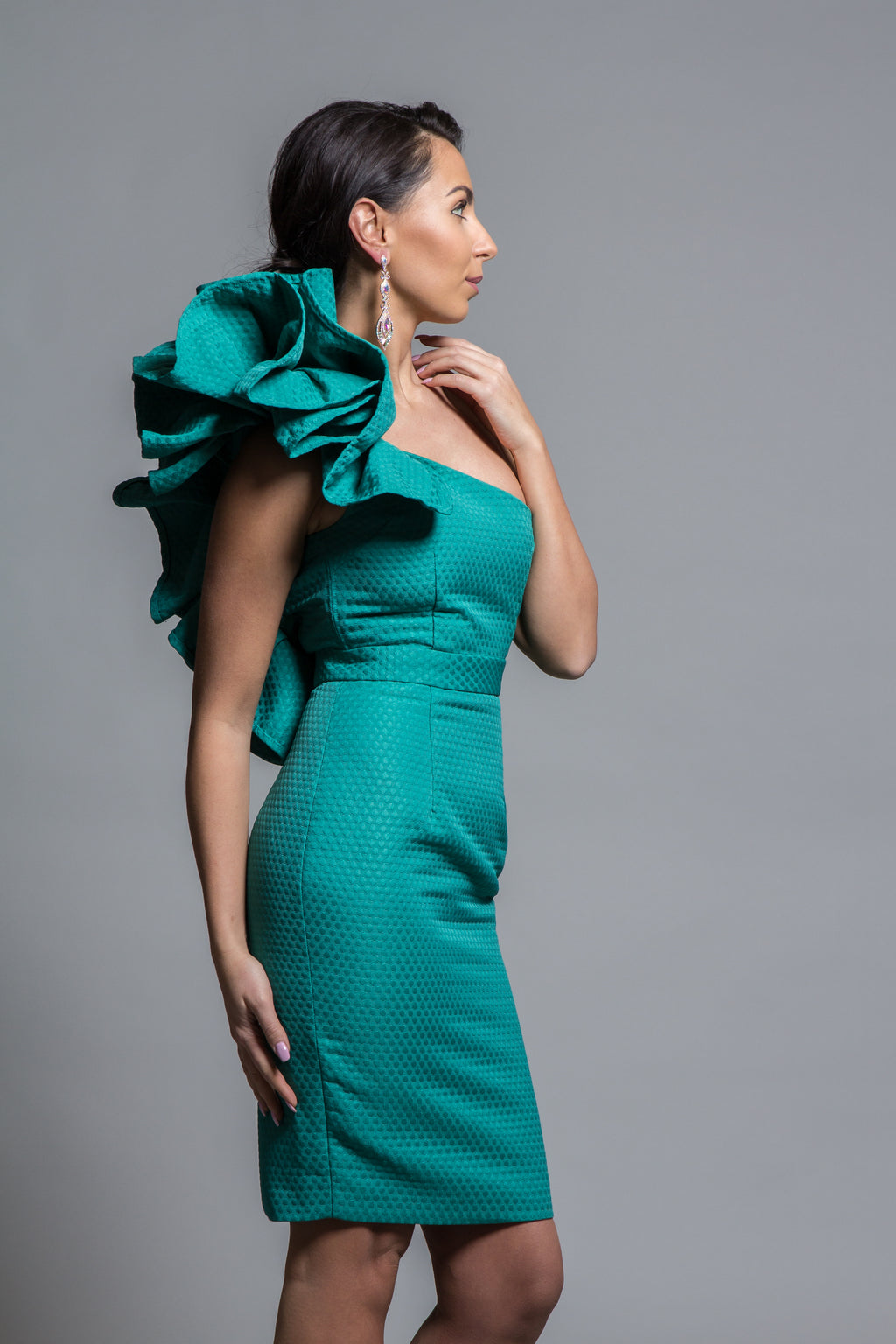 ASYMMETRIC GREEN DRESS WITH RUFFLES