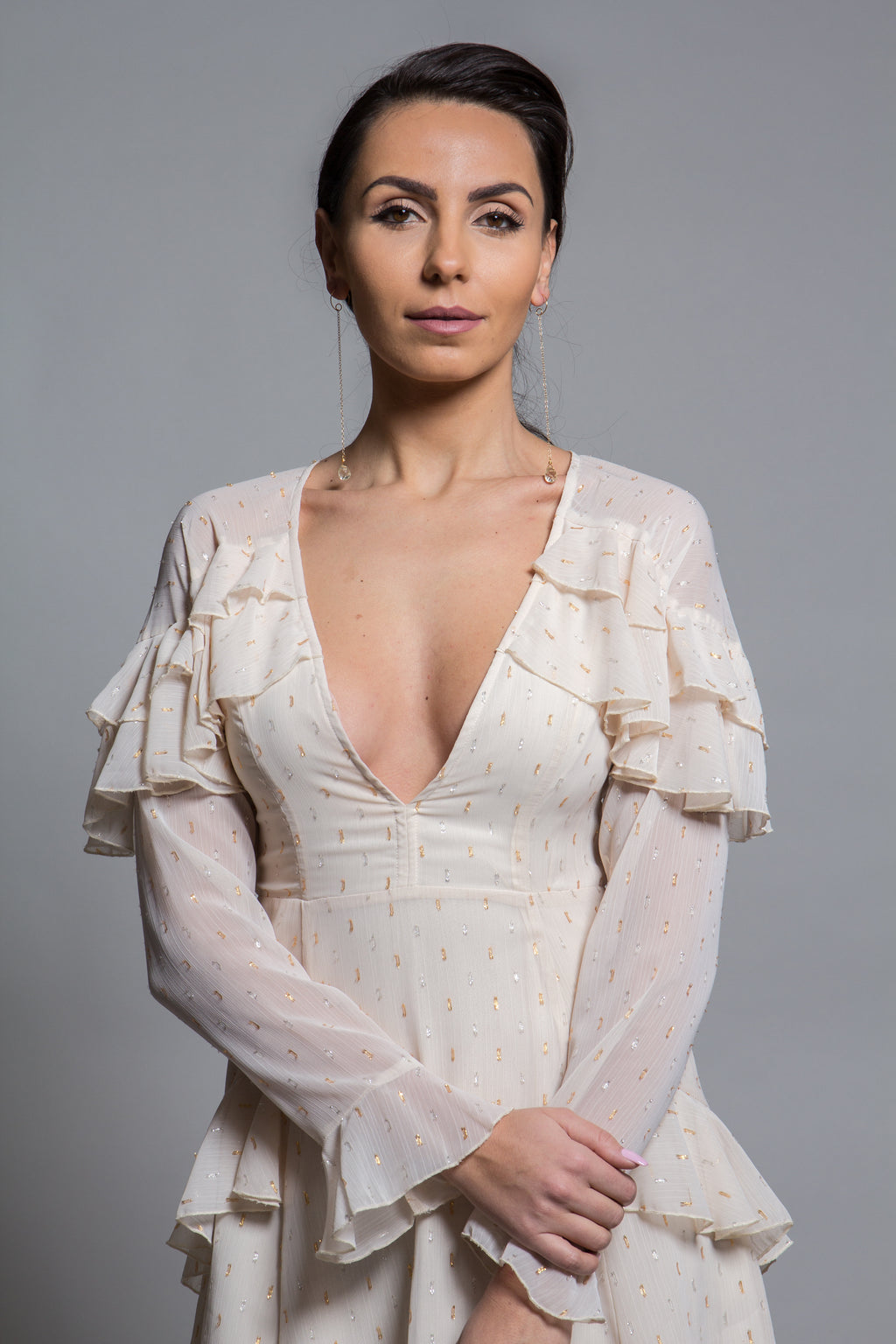 CLEARANCE - BEIGE AND GOLD A-LINE MINI DRESS WITH RUFFLE DETAILS