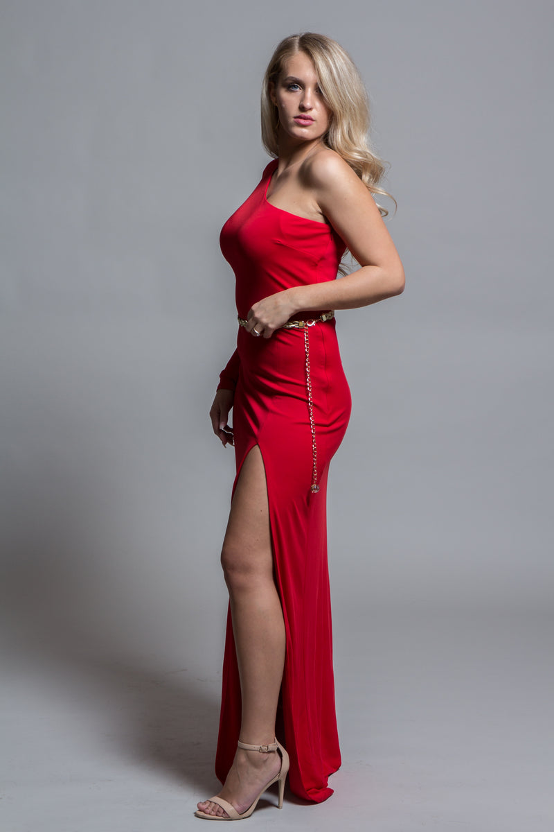 RED LONG ASYMMETRIC DRESS EVENING DRESS