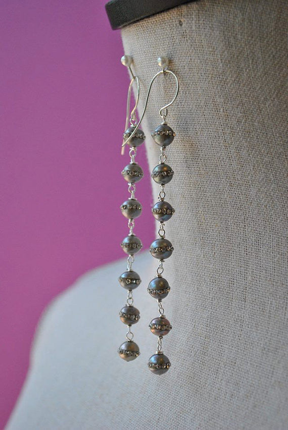 FRESHWATER PEARLS IN SILVER WITH SWAROVSKI CRYSTALS LONG STATEMENT EARRINGS