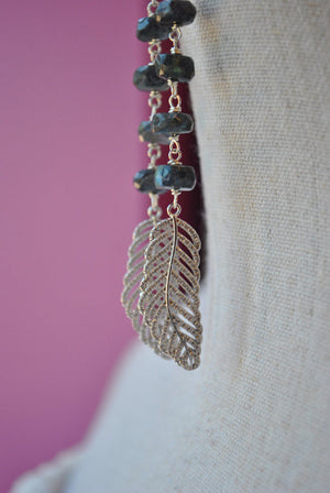 LABRADORITE AND RHINESTONES FEATHER LONG EARRINGS