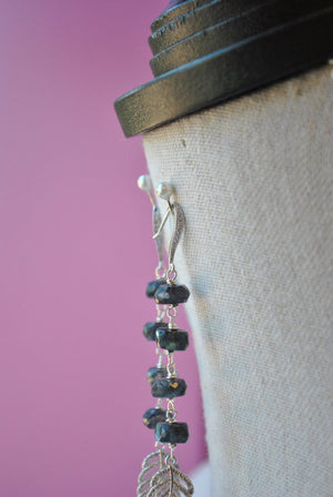 LABRADORITE AND RHINESTONES FEATHER LONG EARRINGS