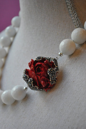 WHITE AGATE AND CORAL CARVED ROSE WITH SWAROVSKI CRYSTALS STATEMENT NECKLACE
