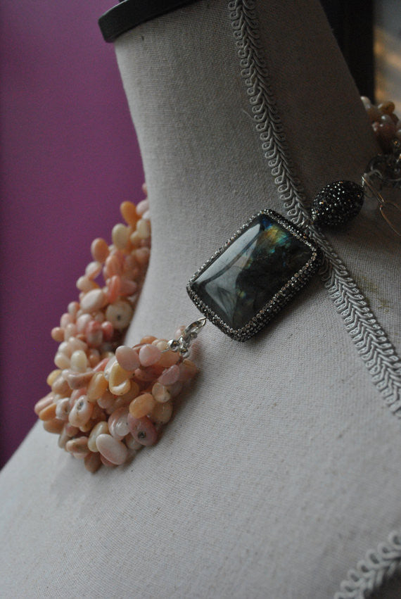 PINK PERUVIAN OPAL AND LABRADORITE ASYMMETRIC NECKLACE