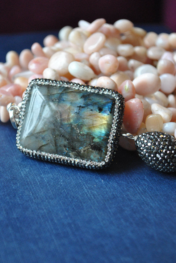 PINK PERUVIAN OPAL AND LABRADORITE ASYMMETRIC NECKLACE