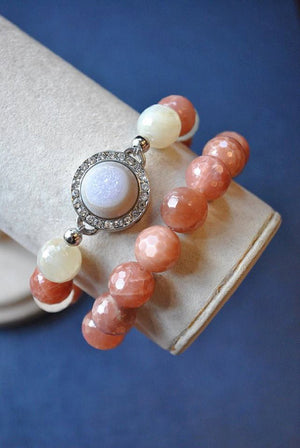 PEACH MOONSTONE AND WHITE DRUZY CRYSTALS STRETCHY BRACELETS SET
