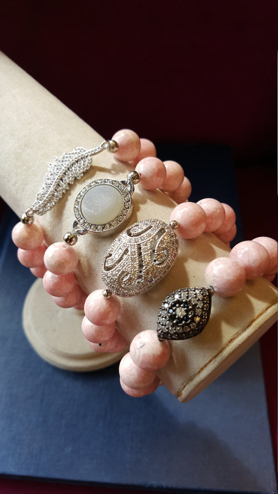 PINK RHODOCHROSITE, DRUZY, RHINESTONES STRETCHY BRACELET