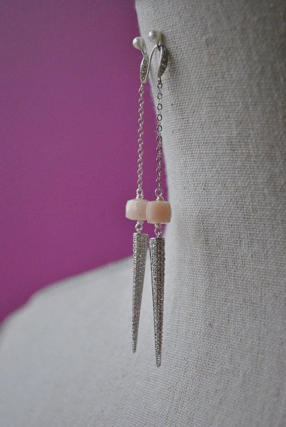PINK PERUVIAN OPAL AND SPIKES LONG CHAIN EARRINGS