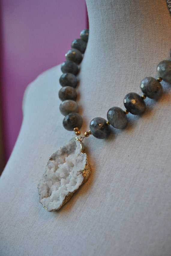 LABRADORITE RONDELLES AND WHITE DRUZY CRYSTALS STATEMENT NECKLACE